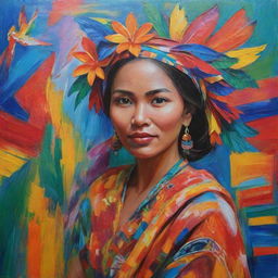 An expressionistic acrylic painting representing a Filipina woman embracing her heritage. Her presence is bold, colors vibrant, and her traditional attire flowing. Backdrop features abstract forms symbolizing jeepneys, the archipelago, and Sunbird.