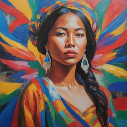 An expressionistic acrylic painting representing a Filipina woman embracing her heritage. Her presence is bold, colors vibrant, and her traditional attire flowing. Backdrop features abstract forms symbolizing jeepneys, the archipelago, and Sunbird.