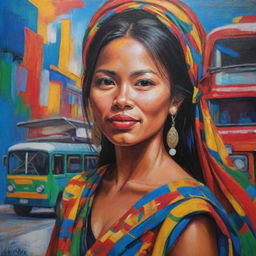 An expressionistic acrylic painting representing a Filipina woman embracing her heritage. Her presence is bold, colors vibrant, and her traditional attire flowing. Backdrop features abstract forms symbolizing jeepneys, the archipelago, and Sunbird.