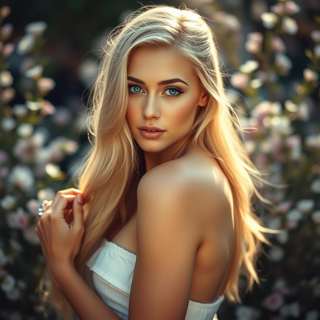 A stunning blonde woman posed in an artistic way, celebrating the beauty of the human form