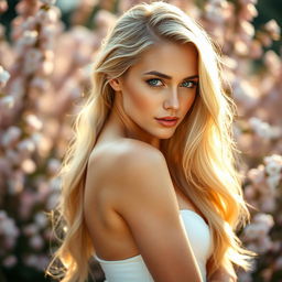 A stunning blonde woman posed in an artistic way, celebrating the beauty of the human form