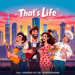 A movie poster titled 'That's Life', featuring a vibrant and lively cityscape in the background at sunset, showcasing tall buildings with colorful neon lights