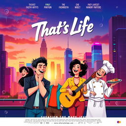 A movie poster titled 'That's Life', featuring a vibrant and lively cityscape in the background at sunset, showcasing tall buildings with colorful neon lights