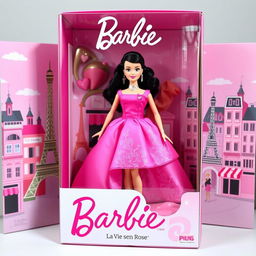 A Barbie doll inspired by Edith Piaf, dressed in a beautiful pink dress symbolizing her famous song 'La Vie en Rose'