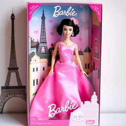 A Barbie doll inspired by Edith Piaf, dressed in a beautiful pink dress symbolizing her famous song 'La Vie en Rose'