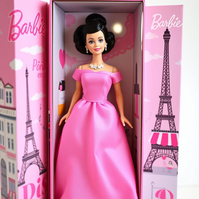 A Barbie doll inspired by Edith Piaf, dressed in a beautiful pink dress symbolizing her famous song 'La Vie en Rose'