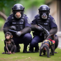 A team of tactically trained chimps in police gear working alongside police dogs to apprehend criminals