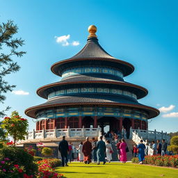 A serene and beautifully detailed view of the Temple of Heaven in Beijing, China, showcasing its stunning architecture