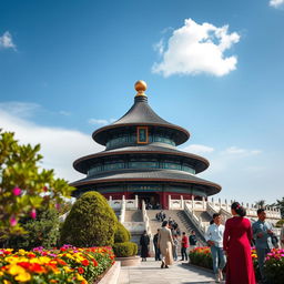 A serene and beautifully detailed view of the Temple of Heaven in Beijing, China, showcasing its stunning architecture