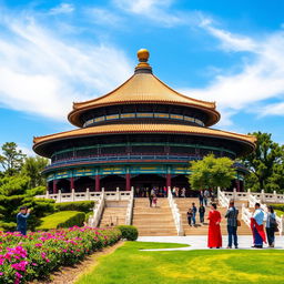 A serene and beautifully detailed view of the Temple of Heaven in Beijing, China, showcasing its stunning architecture