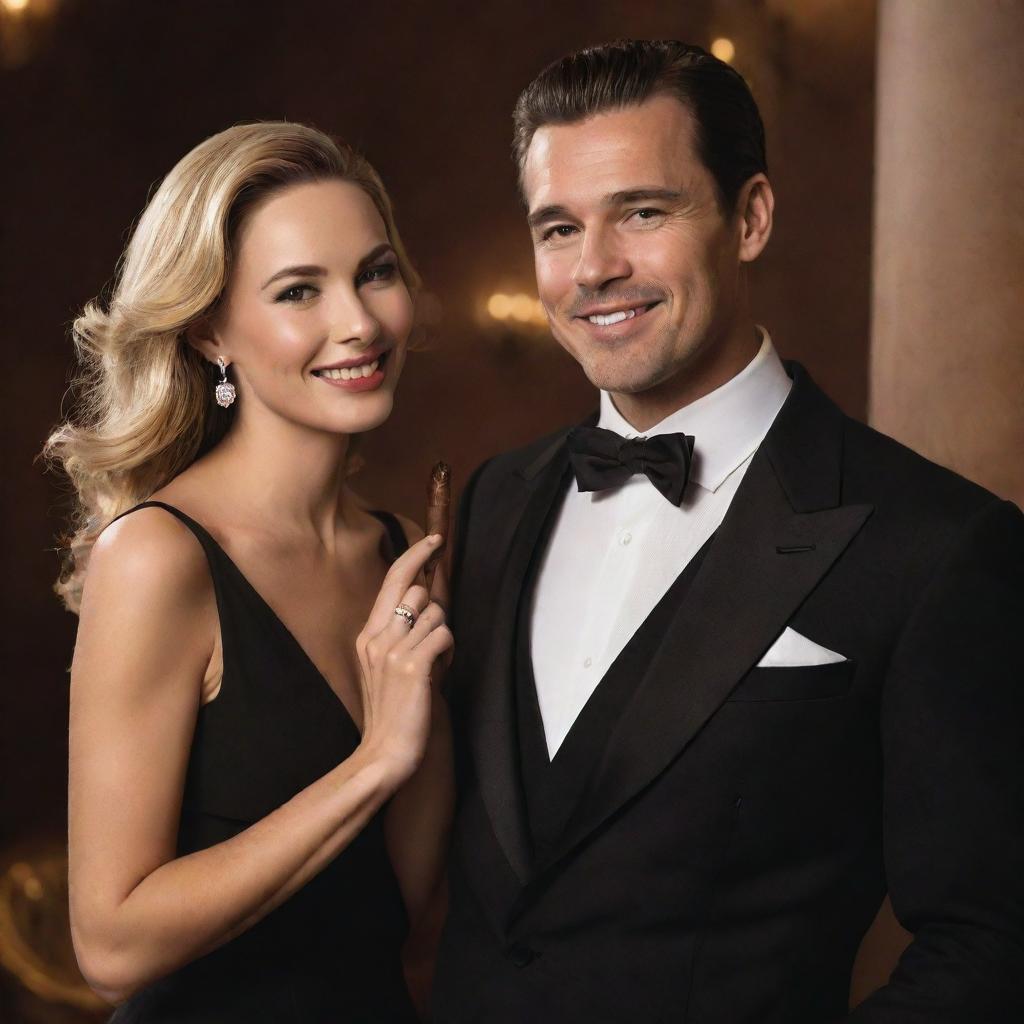 A sophisticated man with a lit cigar in his hand and an elegant woman with a radiant smile standing next to him, set against a refined backdrop.