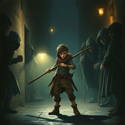 A young street thief, appearing agile and cunning, stands confidently tailed onto a big stick, facing a large, menacing band of thieves who are ready to attack him in a shadowy, dimly lit alley during the night