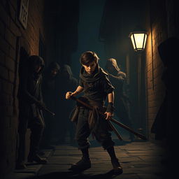 A young street thief, appearing agile and cunning, stands confidently tailed onto a big stick, facing a large, menacing band of thieves who are ready to attack him in a shadowy, dimly lit alley during the night