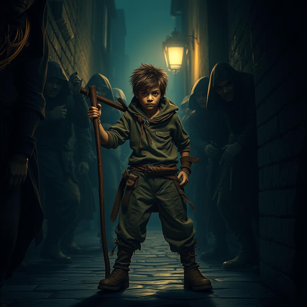 A young street thief, appearing agile and cunning, stands confidently tailed onto a big stick, facing a large, menacing band of thieves who are ready to attack him in a shadowy, dimly lit alley during the night