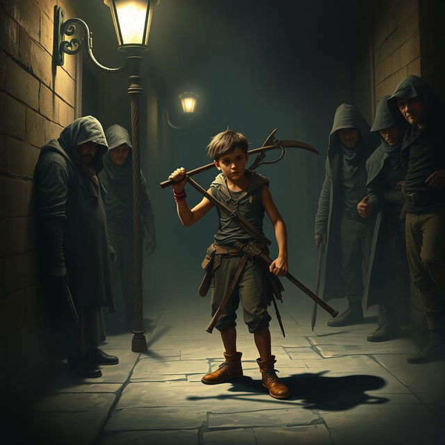 A young street thief, appearing agile and cunning, stands confidently tailed onto a big stick, facing a large, menacing band of thieves who are ready to attack him in a shadowy, dimly lit alley during the night