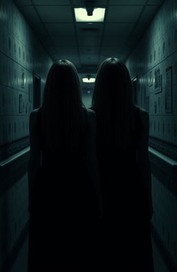 Two twin sisters standing in an eerie hospital hallway, one has long straight hair cascading down her back, while the other has shoulder-length straight hair