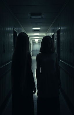 Two twin sisters standing in an eerie hospital hallway, one has long straight hair cascading down her back, while the other has shoulder-length straight hair