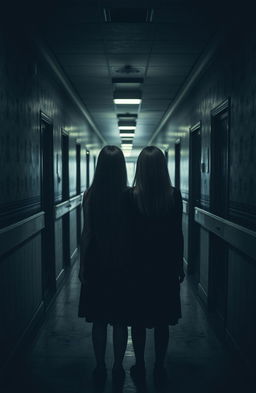 Two twin sisters standing in an eerie hospital hallway, one has long straight hair cascading down her back, while the other has shoulder-length straight hair