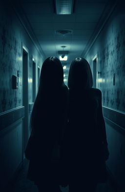 Two twin sisters standing in an eerie hospital hallway, one has long straight hair cascading down her back, while the other has shoulder-length straight hair