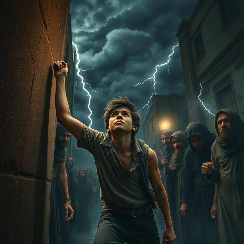 A young street thief, helplessly attached to a wall, stares desperately at a looming storm in the night sky, hoping to summon the gods for help
