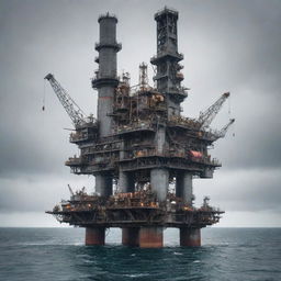 A functioning mechanicpunk oil rig, constructed with exposed mechanical gears, conveyor systems, and spinning cogs, towering over a steel-gray sea under an overcast, industrious sky.