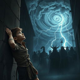 A young street thief, forcibly tied up against a rough wall, gazes upwards at a swirling storm in the night sky, calling for help from the gods