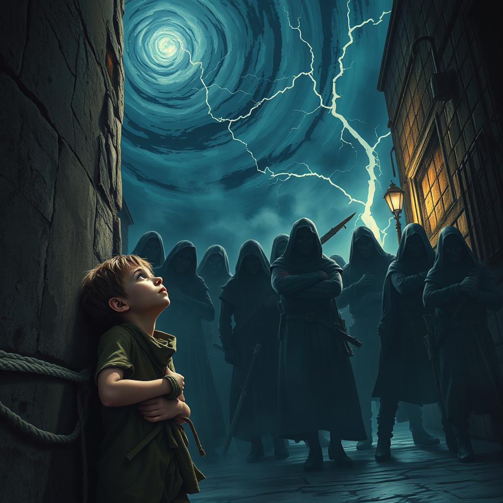 A young street thief, forcibly tied up against a rough wall, gazes upwards at a swirling storm in the night sky, calling for help from the gods