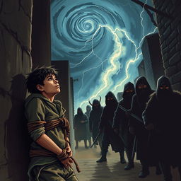 A young street thief, forcibly tied up against a rough wall, gazes upwards at a swirling storm in the night sky, calling for help from the gods