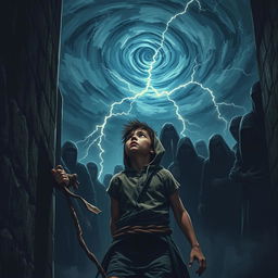 A young street thief, forcibly tied up against a rough wall, gazes upwards at a swirling storm in the night sky, calling for help from the gods