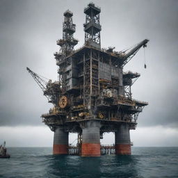 A functioning mechanicpunk oil rig, constructed with exposed mechanical gears, conveyor systems, and spinning cogs, towering over a steel-gray sea under an overcast, industrious sky.