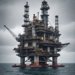 A functioning mechanicpunk oil rig, constructed with exposed mechanical gears, conveyor systems, and spinning cogs, towering over a steel-gray sea under an overcast, industrious sky.