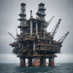 A functioning mechanicpunk oil rig, constructed with exposed mechanical gears, conveyor systems, and spinning cogs, towering over a steel-gray sea under an overcast, industrious sky.