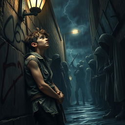 A young thief, caught in a desperate situation, is tied up against a graffiti-covered wall in a dark, narrow alleyway