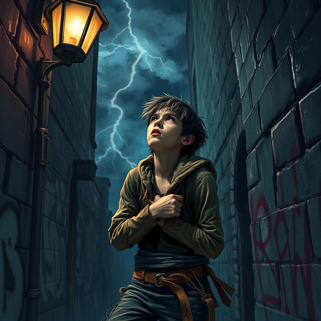 A young thief, caught in a desperate situation, is tied up against a graffiti-covered wall in a dark, narrow alleyway