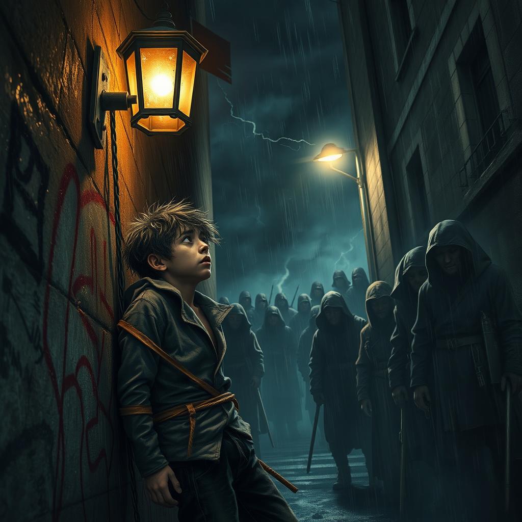 A young thief, caught in a desperate situation, is tied up against a graffiti-covered wall in a dark, narrow alleyway