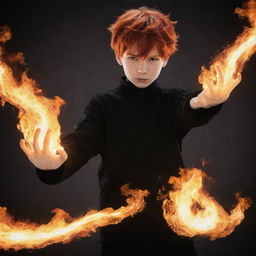 A young boy in anime style with fiery red hair in a dynamic pose, conjuring an impressive fire technique with his hands.