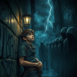 A young thief, caught in a desperate situation, is tied up against a graffiti-covered wall in a dark, narrow alleyway