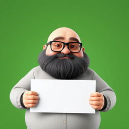 A realistic 3D illustration of a chubby bald man with a beard wearing glasses