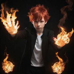 A young boy in anime style with fiery red hair in a dynamic pose, conjuring an impressive fire technique with his hands.