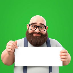 A realistic 3D illustration of a chubby bald man with a beard wearing glasses