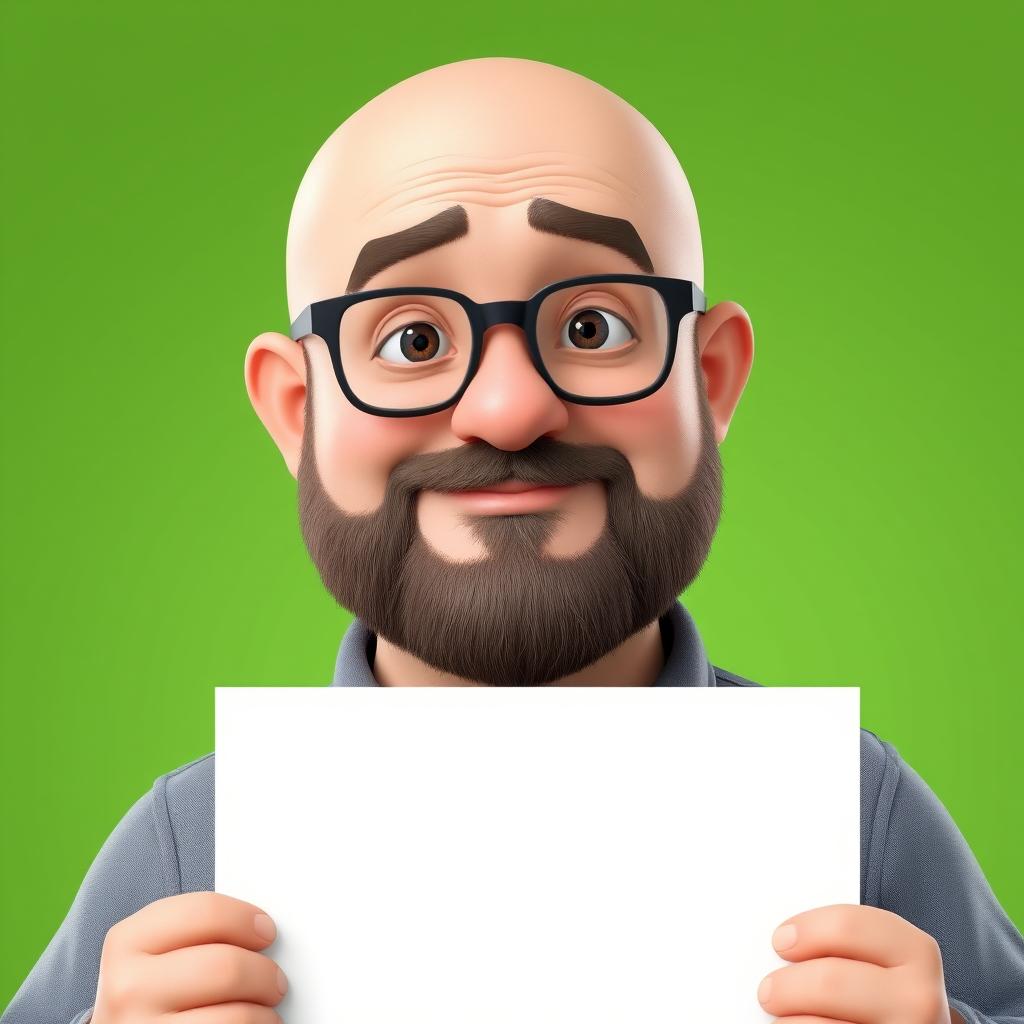 A realistic 3D illustration of a chubby bald man with a beard wearing glasses