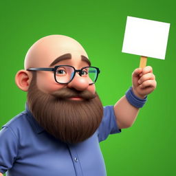 A realistic 3D illustration of a chubby bald man with a beard wearing glasses