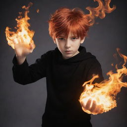 A young boy in anime style with fiery red hair in a dynamic pose, conjuring an impressive fire technique with his hands.