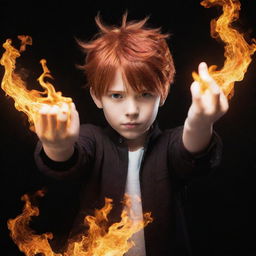 A young boy in anime style with fiery red hair in a dynamic pose, conjuring an impressive fire technique with his hands.