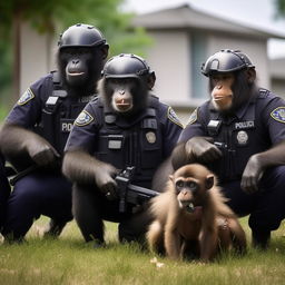 A team of tactically trained chimps in police gear working alongside police dogs to apprehend criminals