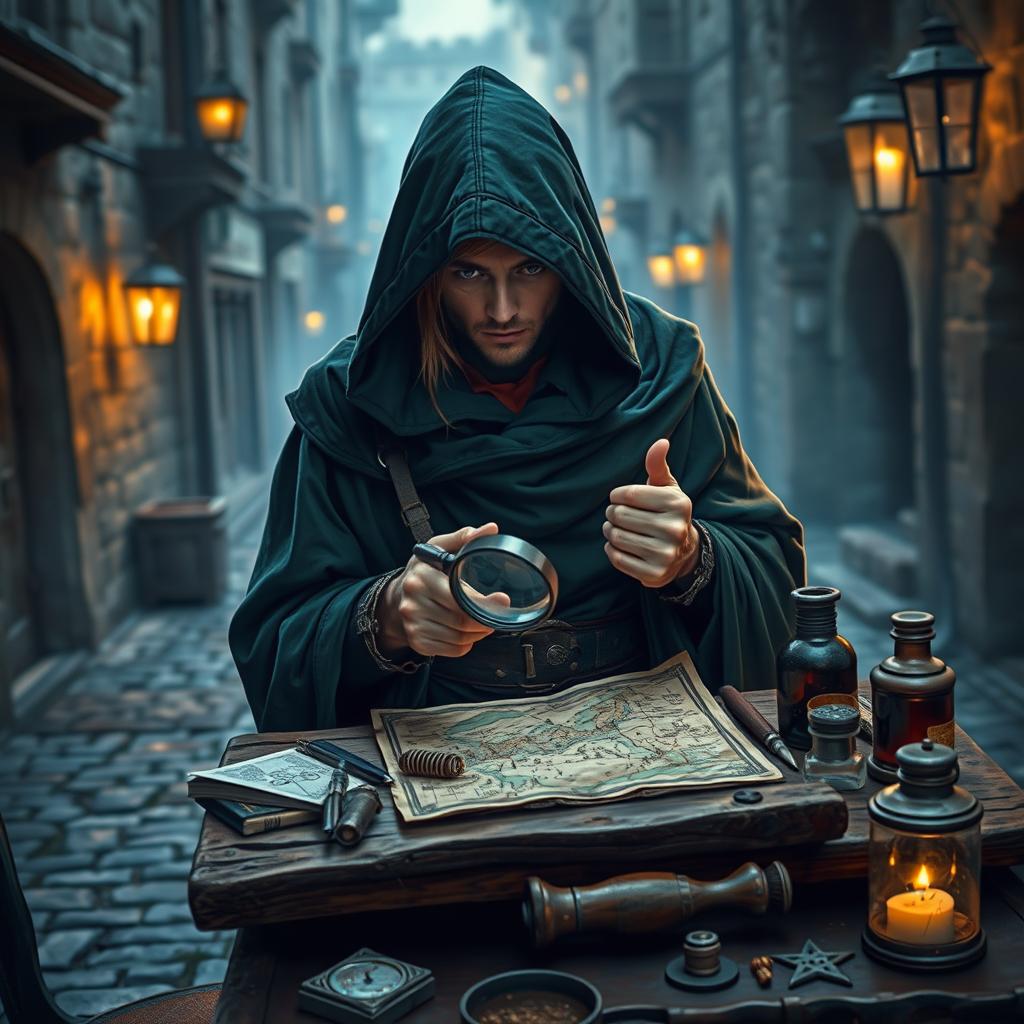 A Dungeons and Dragons scene showcasing a hedge rogue investigator in an urban setting, wearing a stylish, hooded cloak made from dark green fabric that blends with the environment