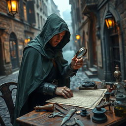 A Dungeons and Dragons scene showcasing a hedge rogue investigator in an urban setting, wearing a stylish, hooded cloak made from dark green fabric that blends with the environment