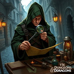 A Dungeons and Dragons scene showcasing a hedge rogue investigator in an urban setting, wearing a stylish, hooded cloak made from dark green fabric that blends with the environment