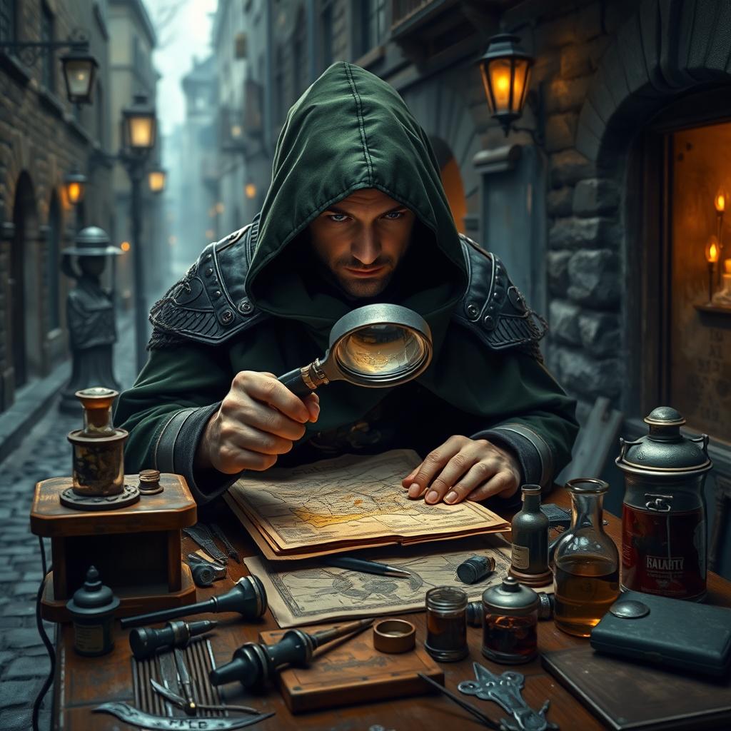 A Dungeons and Dragons scene showcasing a hedge rogue investigator in an urban setting, wearing a stylish, hooded cloak made from dark green fabric that blends with the environment