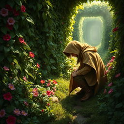 An intriguing Dungeons and Dragons scene featuring a hedge investigator, a character seamlessly blending into a lush green hedge maze